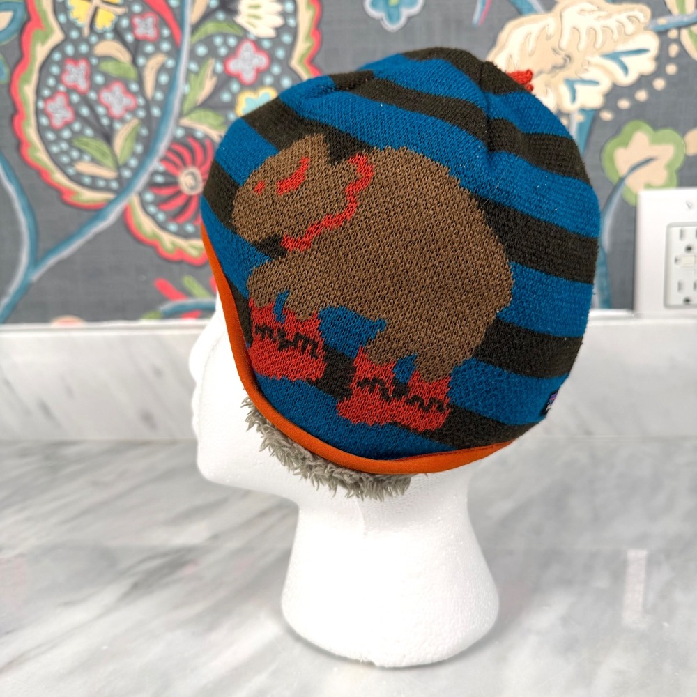 Patagonia Baby Buffalo Reversible Beanie Striped Fleece Lined Blue Brown 18-24M - Picture 2 of 8
